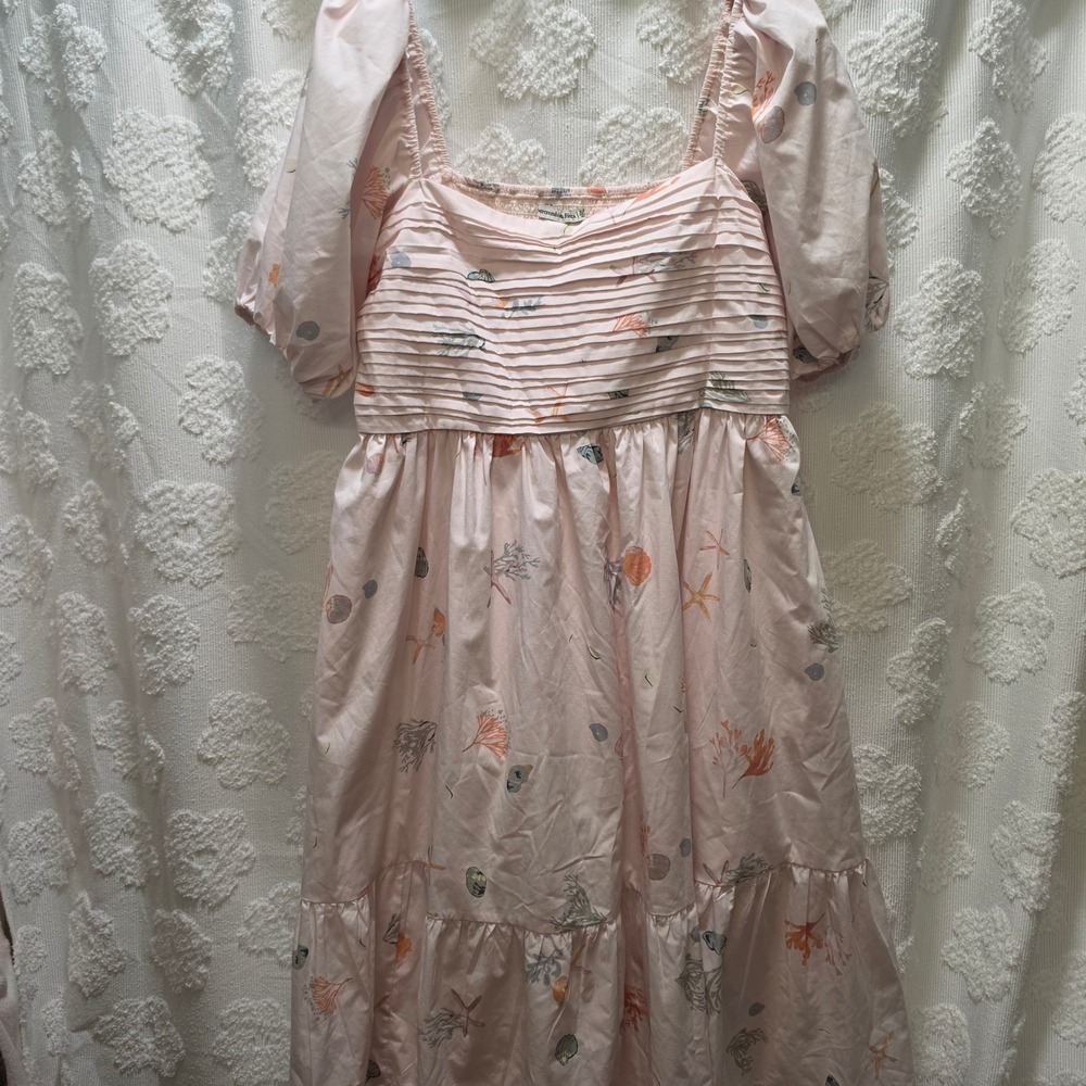 Abercrombie & Fitch‎ Emerson Pink Coastal Shell Print Puff Sleeve Midi Dress XLP